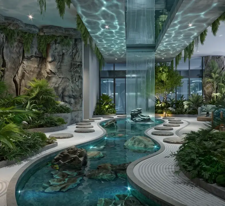Stunning indoor sky garden with water feature at Ivy Myst Kileleshwa wellness residence