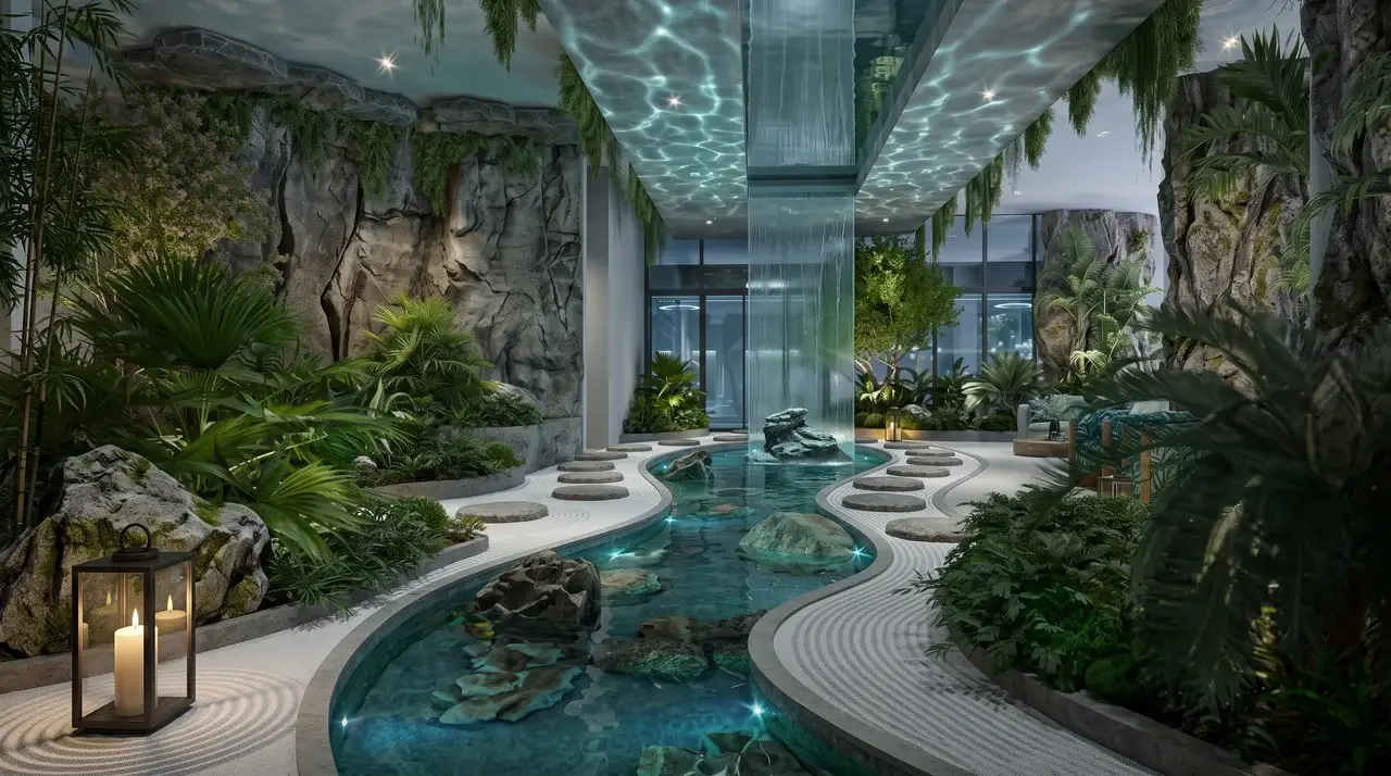 Stunning indoor sky garden with water feature at Ivy Myst Kileleshwa wellness residence