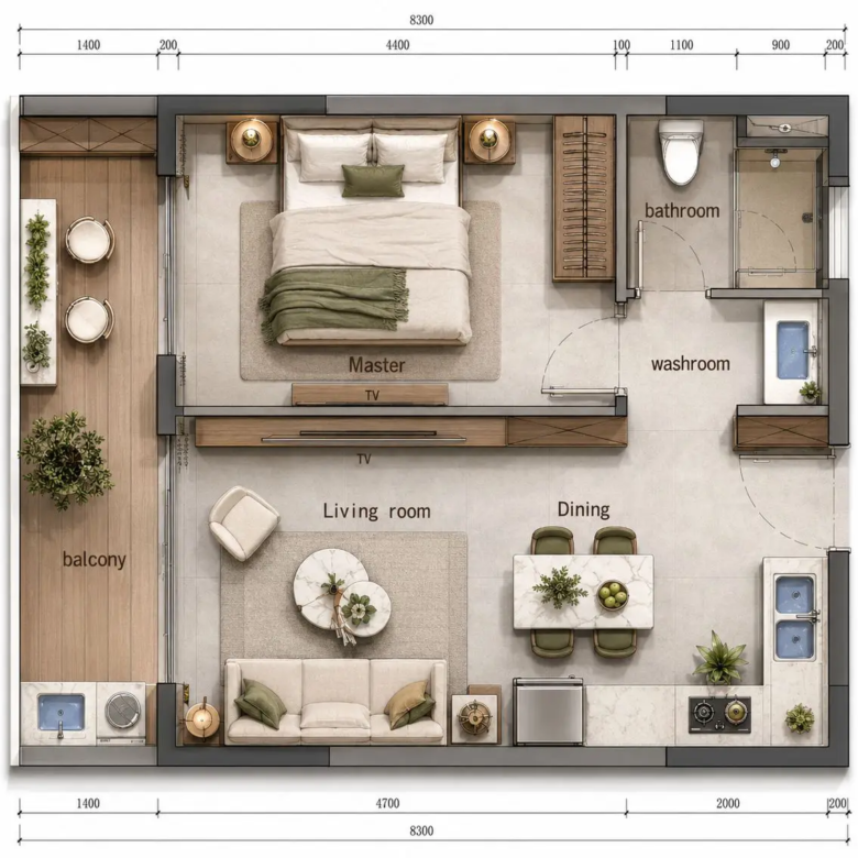 66 sqm one bedroom floor plan at Limerence Arbor Residency Kilimani