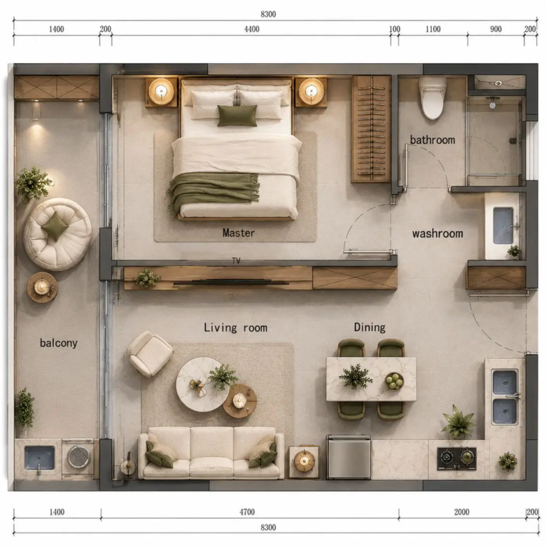 One bedroom apartment layout with balcony at Limerence Arbor Residency