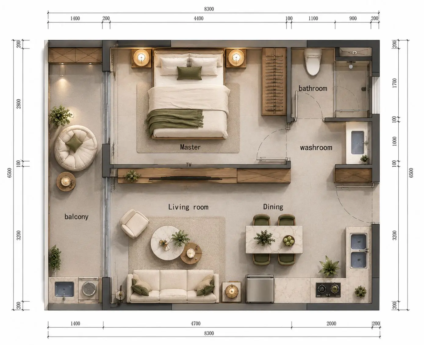 One bedroom apartment layout with balcony at Limerence Arbor Residency