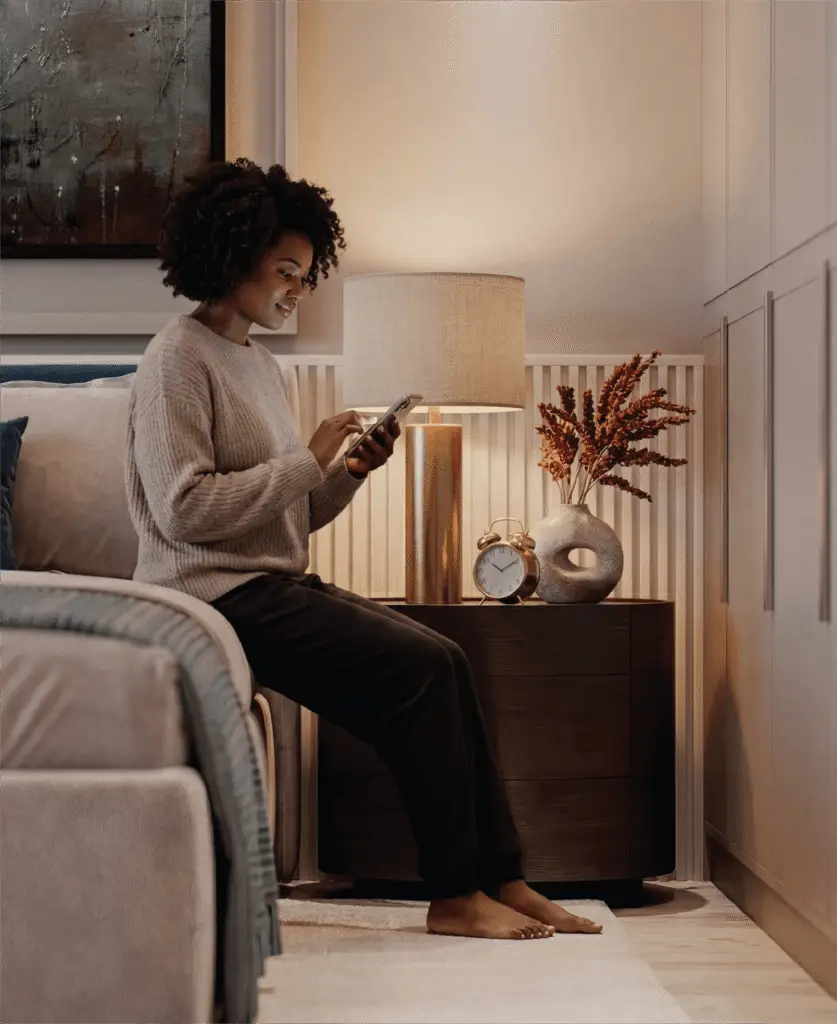Woman using a smartphone in a modern Melody Towers bedroom