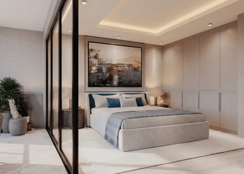 Modern Melody Towers bedroom with fitted wardrobes and private terrace