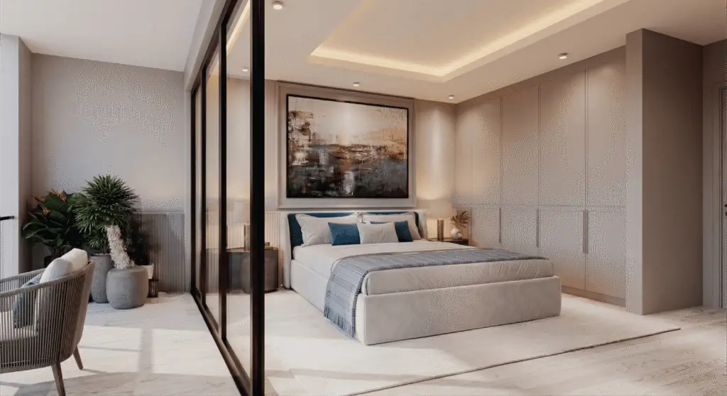 Modern Melody Towers bedroom with fitted wardrobes and private terrace