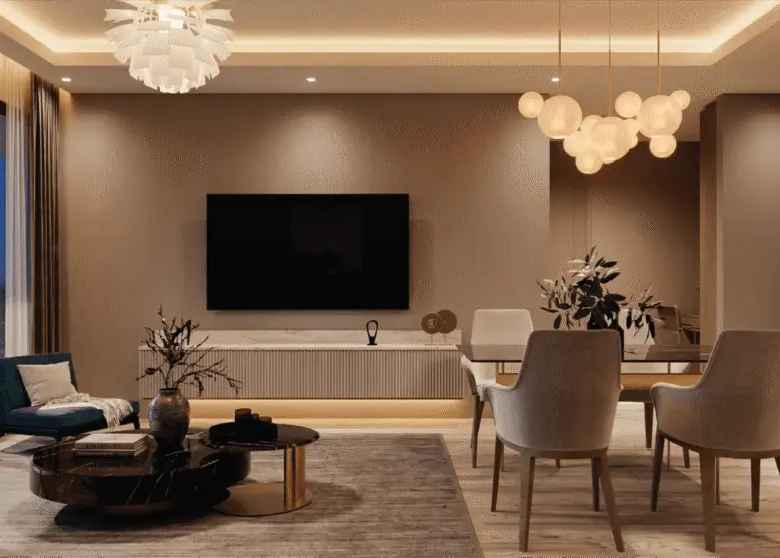 Modern living and dining room inside a Melody Towers apartment