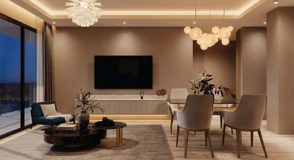 Modern living and dining room inside a Melody Towers apartment
