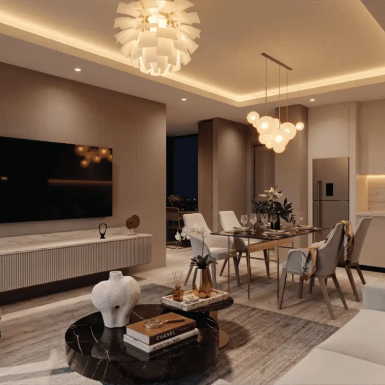 Open-plan living room, dining area and kitchen at Melody Towers Kilimani