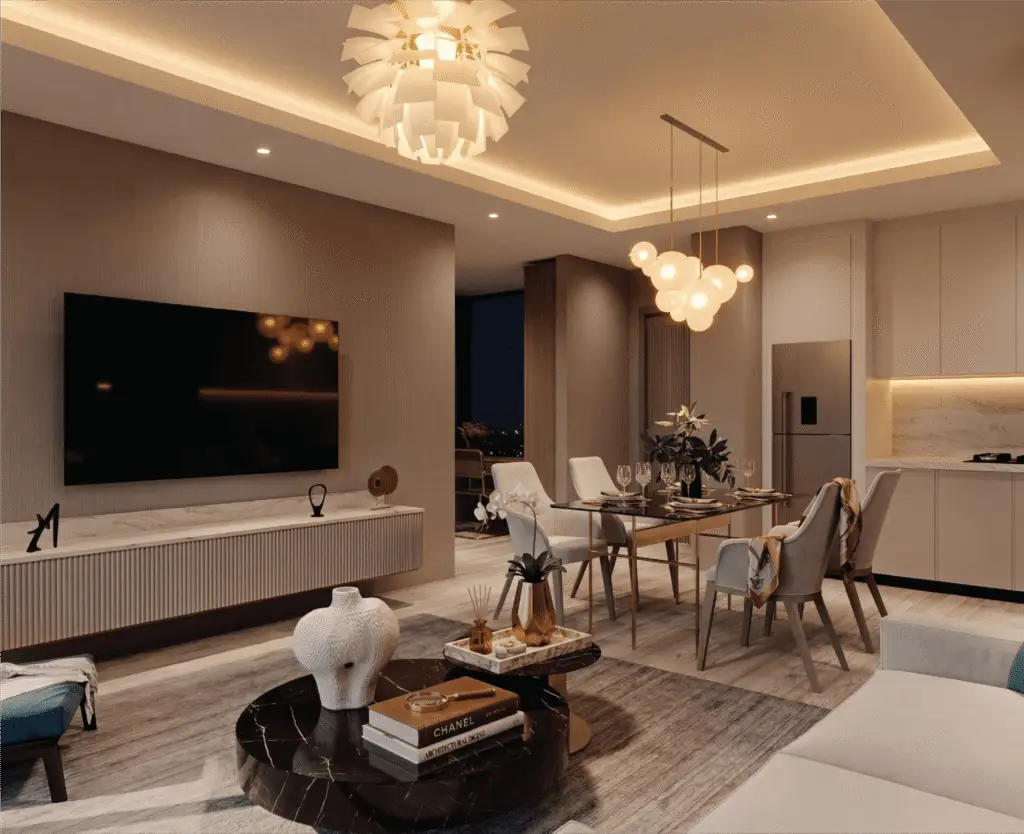Open-plan living room, dining area and kitchen at Melody Towers Kilimani