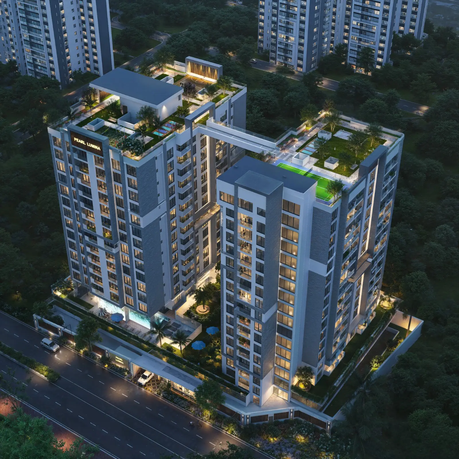 Pearl Lumina Riverside aerial view showing rooftop amenities and twin towers Image