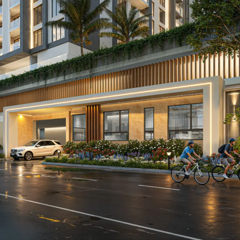Pearl Lumina Riverside apartment entrance and landscaped street frontage
