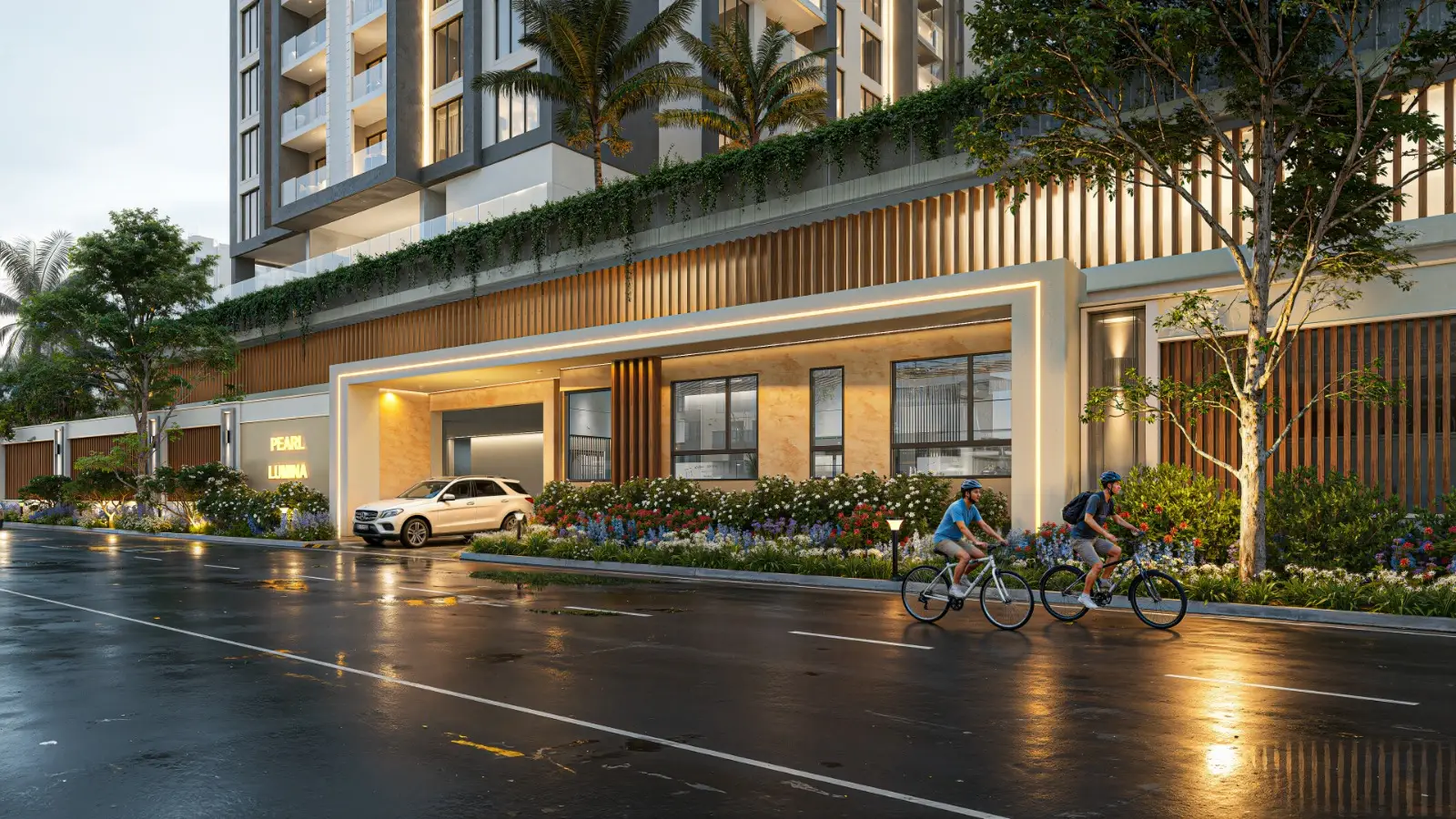 Pearl Lumina Riverside apartment entrance and landscaped street frontage