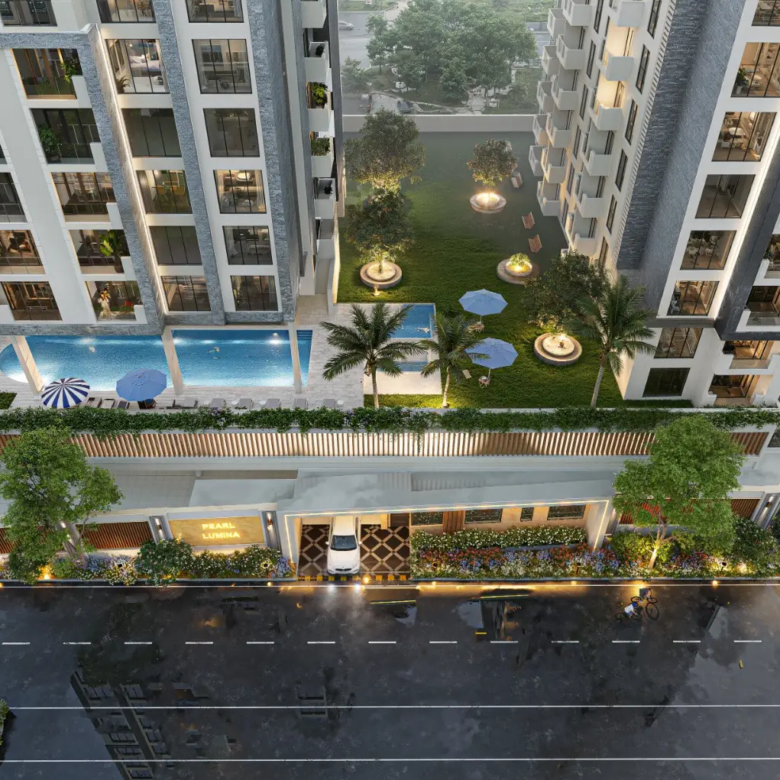 Pearl Lumina Riverside swimming pool and landscaped garden amenities