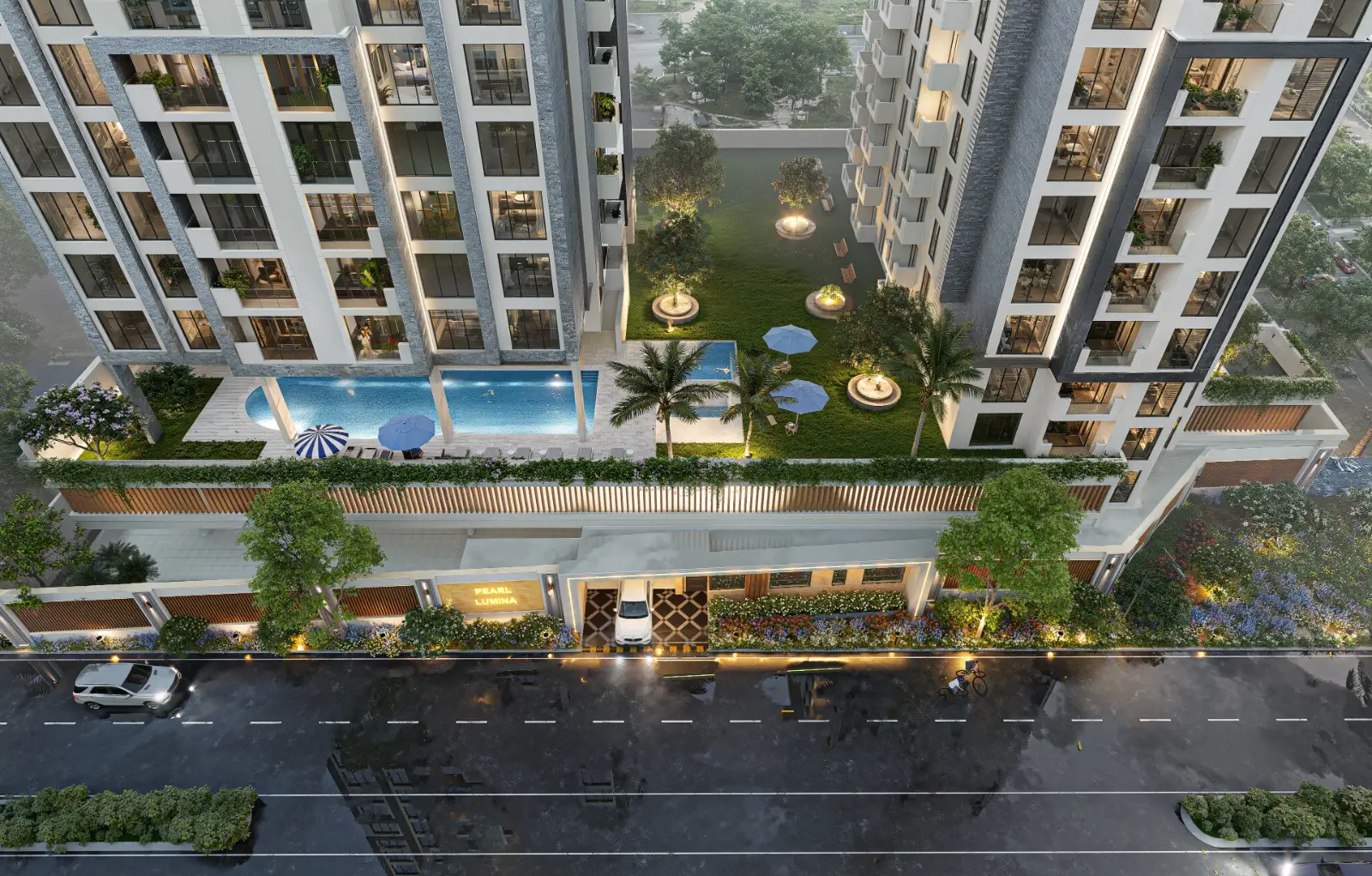 Pearl Lumina Riverside swimming pool and landscaped garden amenities