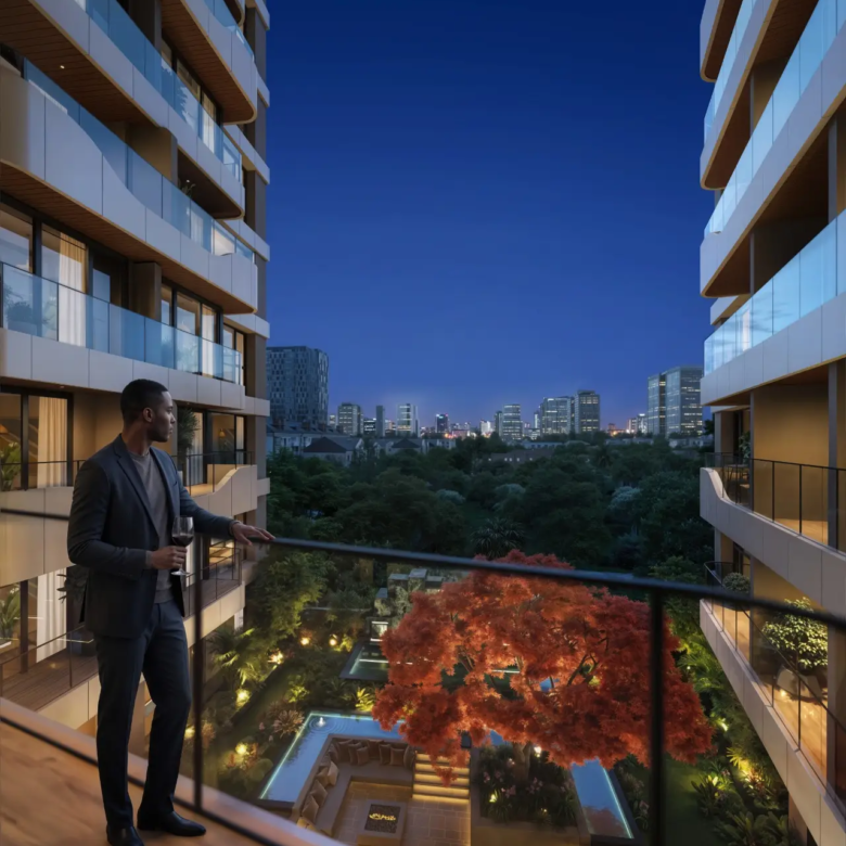 Seasons Riverside aerial view of landscaped courtyard layout