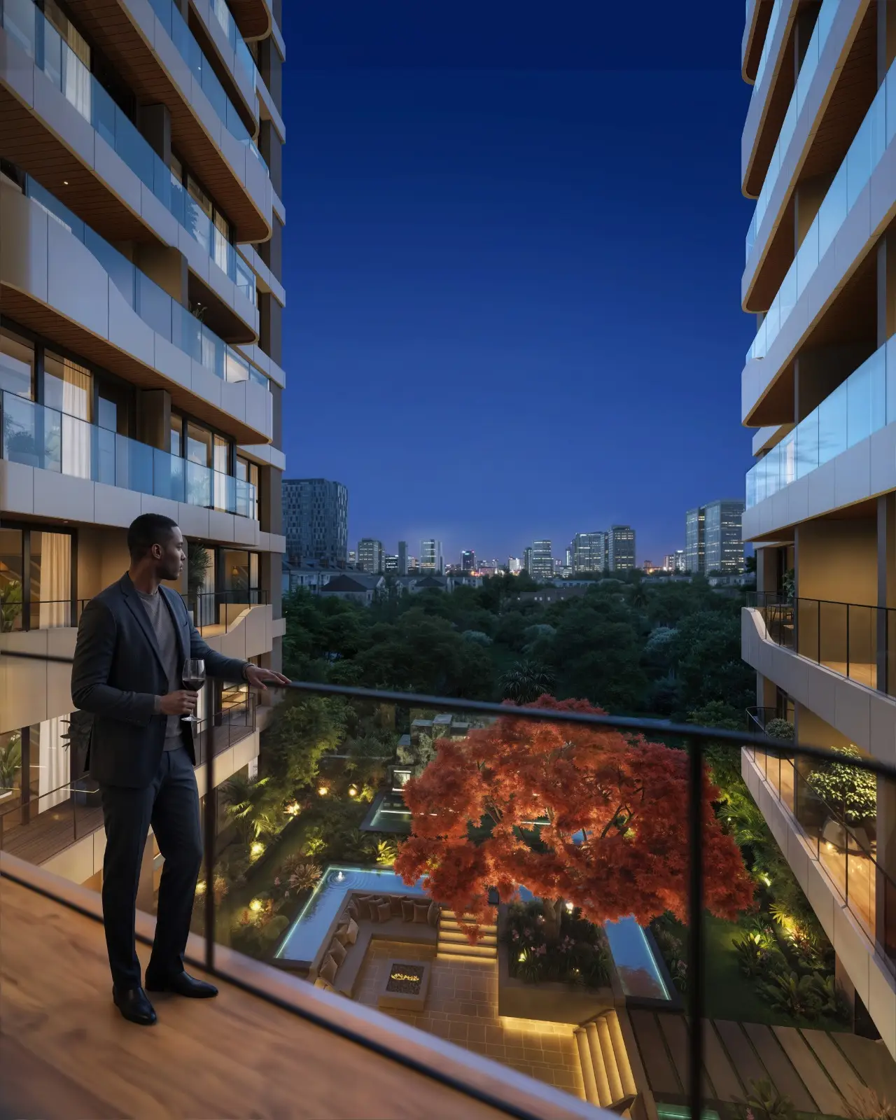 Seasons Riverside aerial view of landscaped courtyard layout