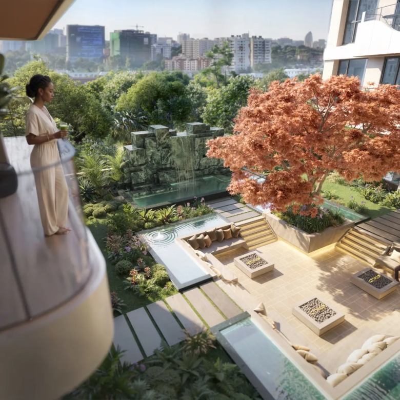 Seasons Riverside balcony overlooking landscaped courtyard