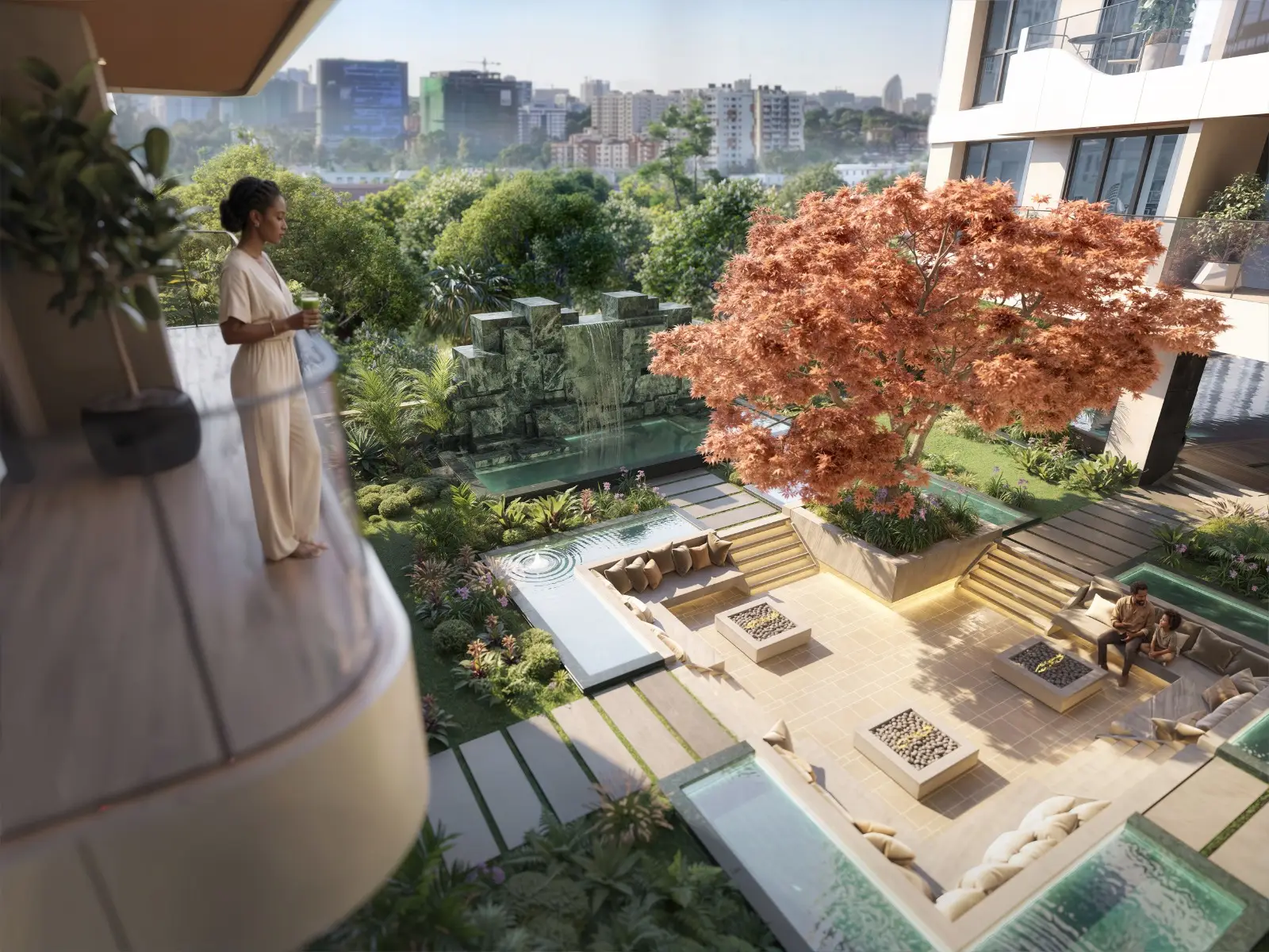 Seasons Riverside balcony overlooking landscaped courtyard