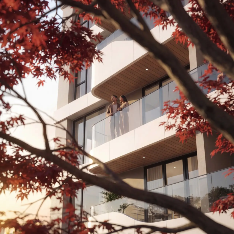 Seasons Riverside balcony lifestyle with modern apartment facade