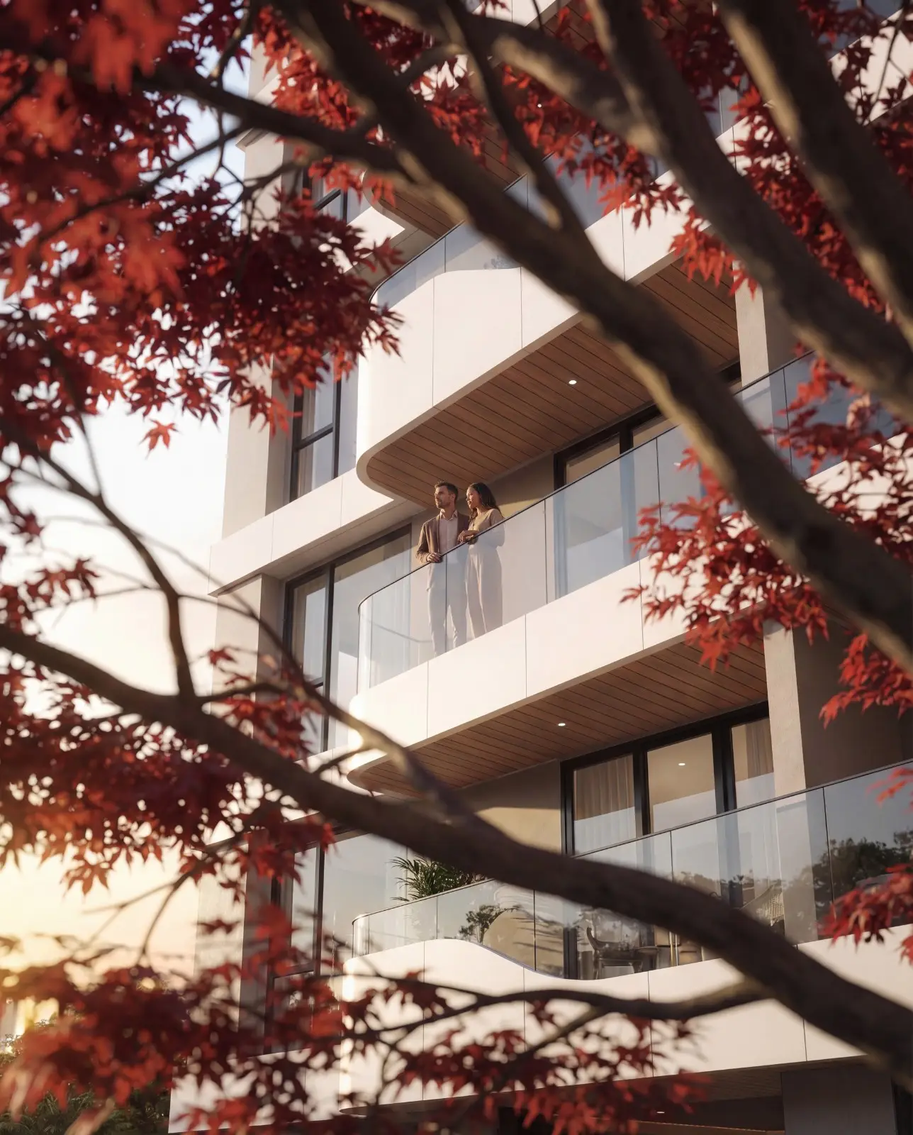 Seasons Riverside balcony lifestyle with modern apartment facade
