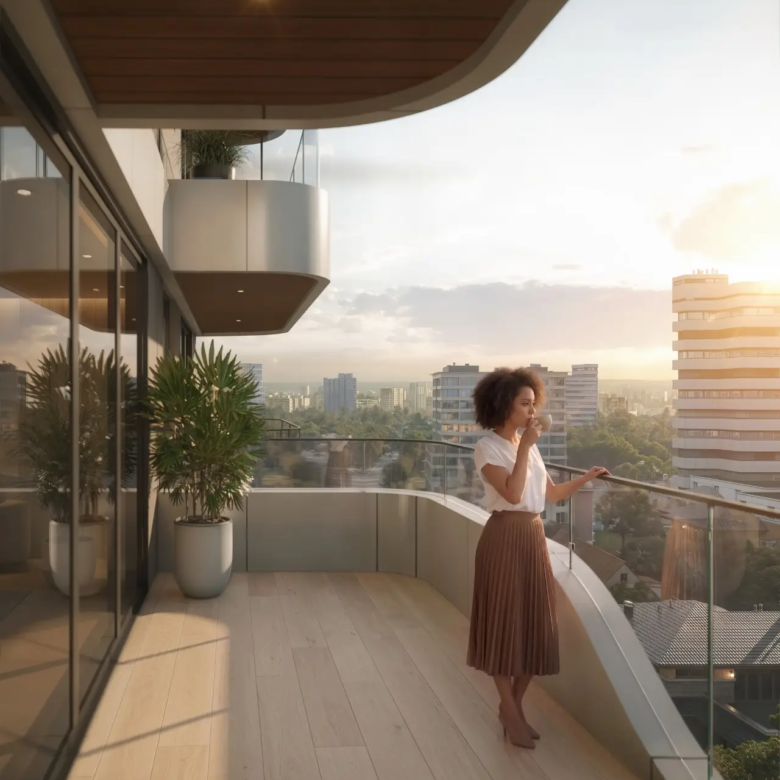 Seasons Riverside apartment balcony with sunrise views in Nairobi