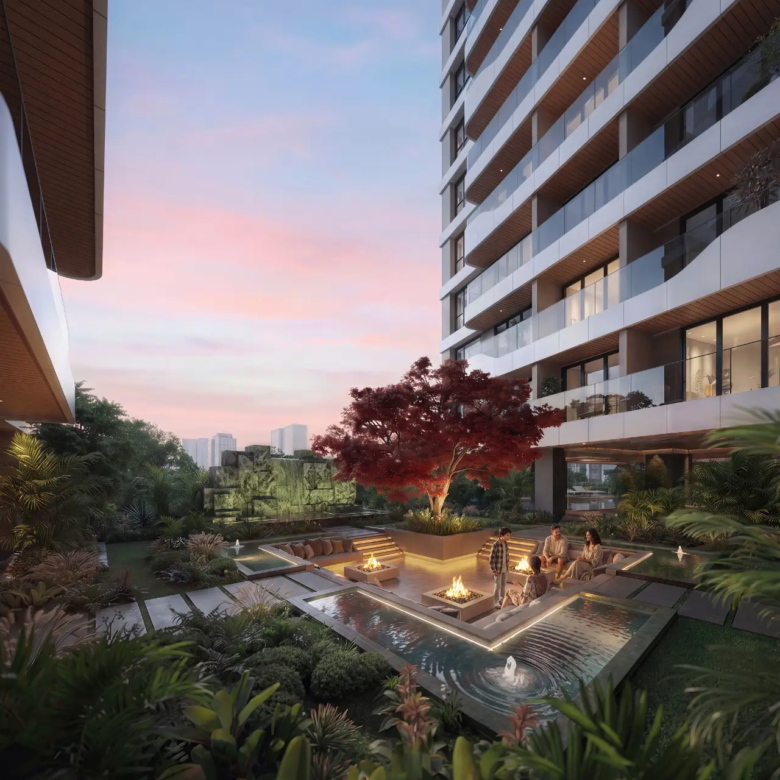 Seasons Riverside courtyard with landscaped gardens and apartments