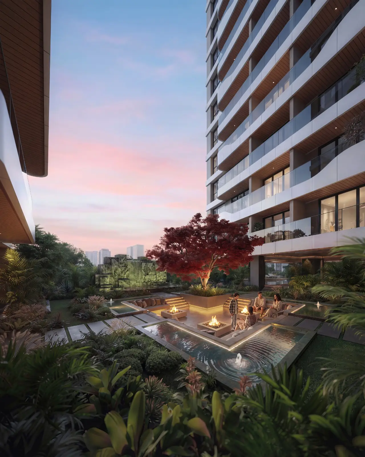 Seasons Riverside courtyard with landscaped gardens and apartments