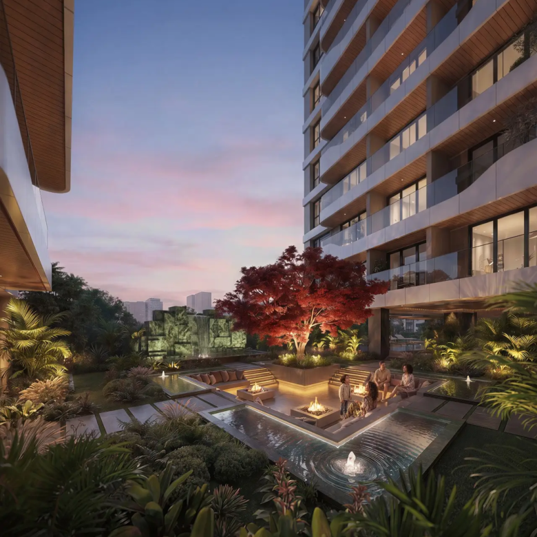 Seasons Riverside landscaped courtyard and water features
