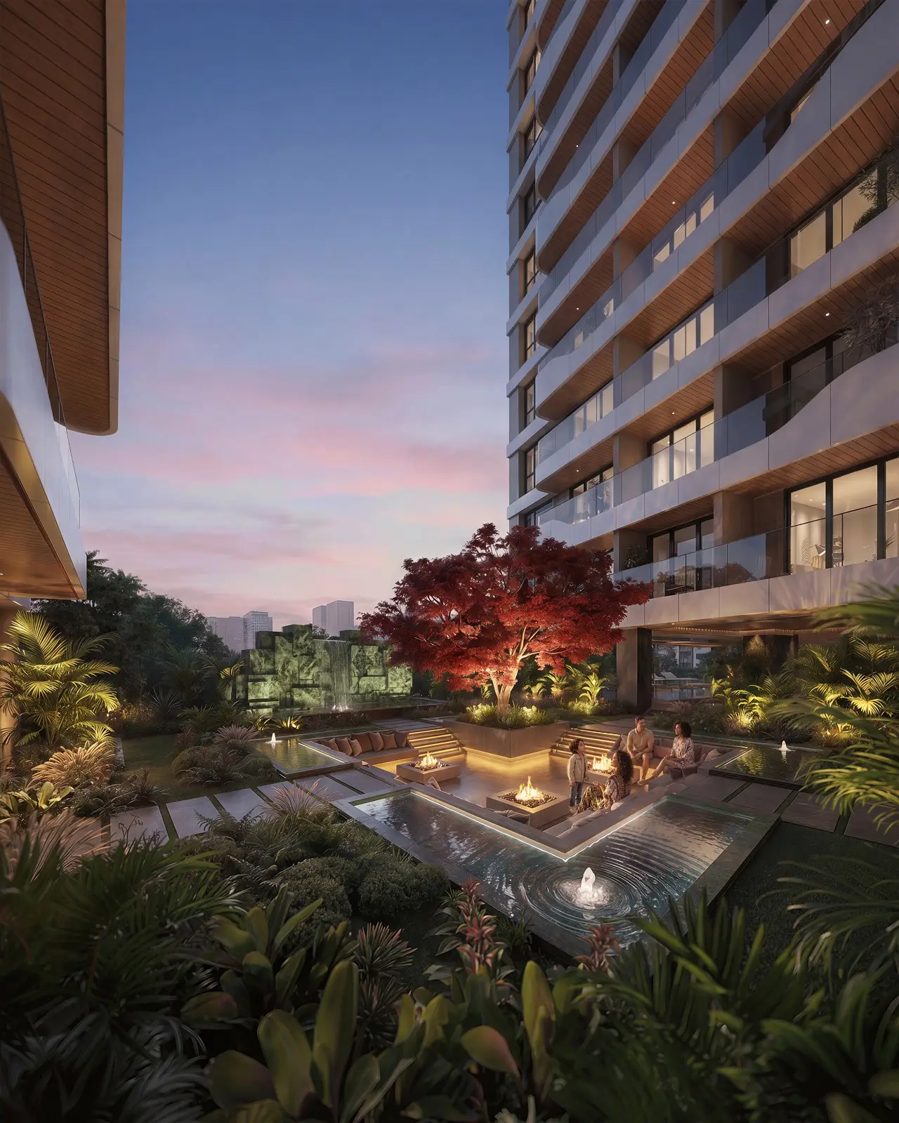 Seasons Riverside landscaped courtyard and water features