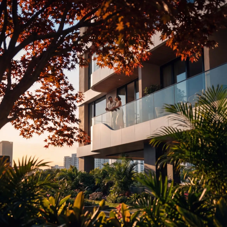 Seasons Riverside apartments with balcony views and gardens