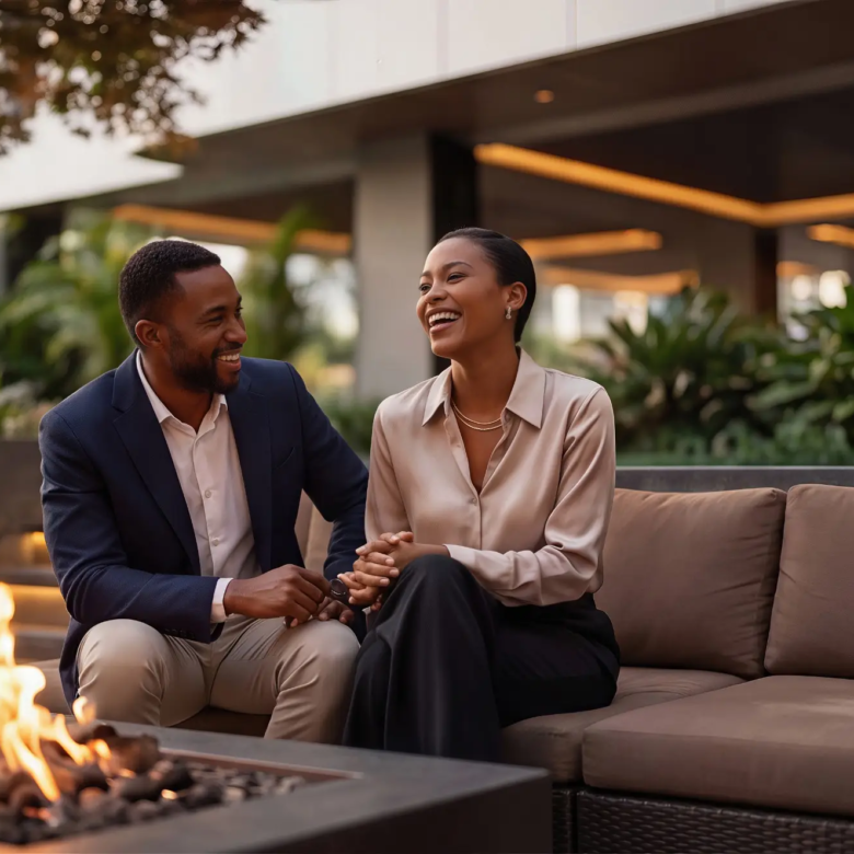 Seasons Riverside outdoor lounge and firepit amenity