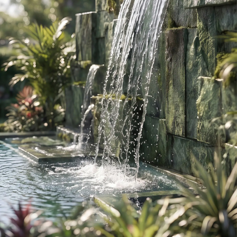 Seasons Riverside waterfall amenity in landscaped courtyard
