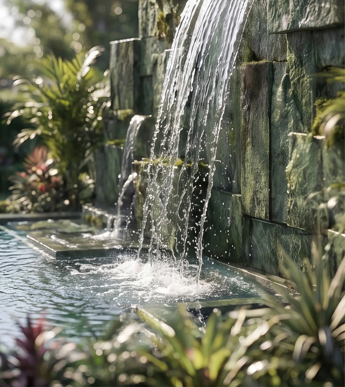 Seasons Riverside waterfall amenity in landscaped courtyard