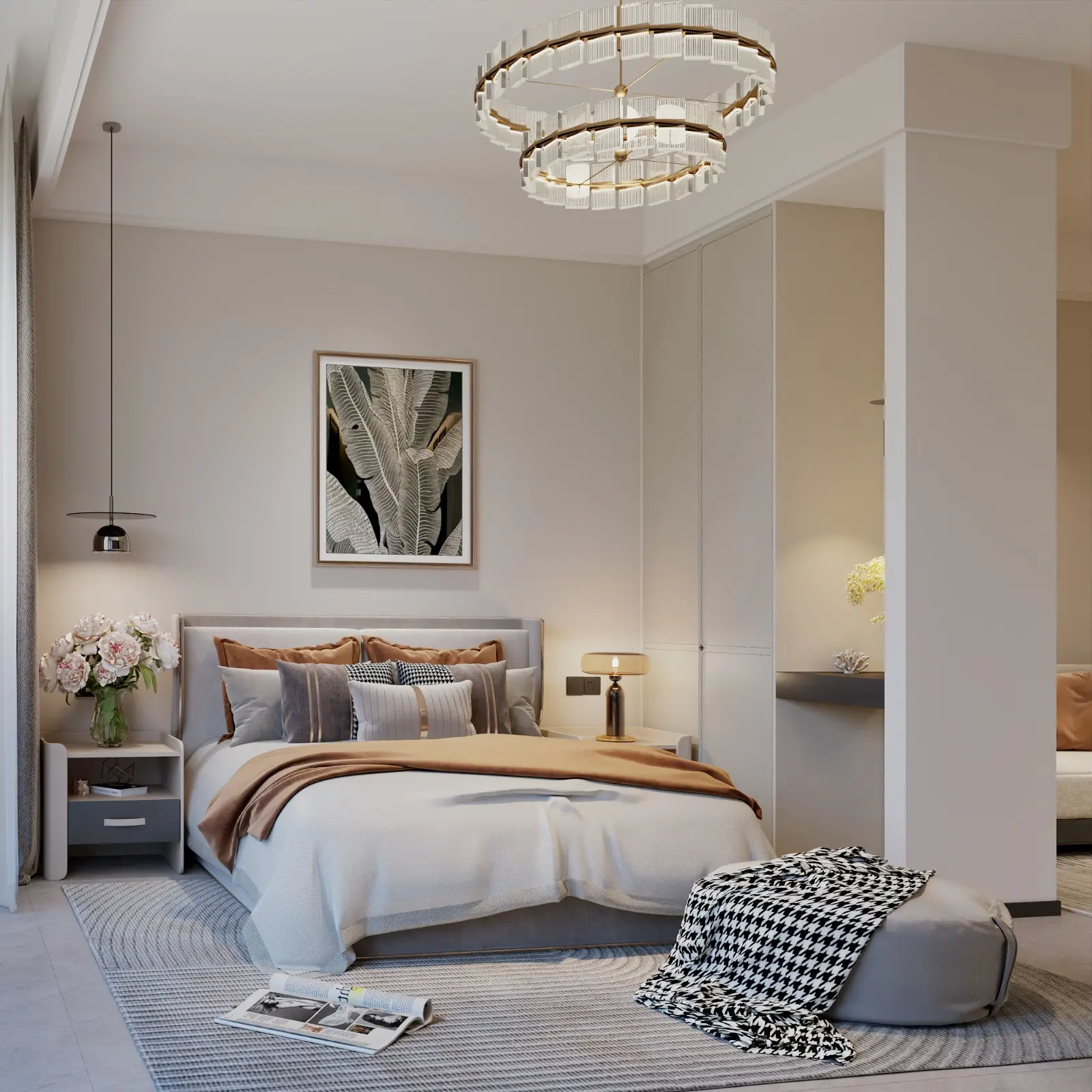 Luxury master bedroom at Serene Boutique Residency Kilimani with upholstered bed, designer chandelier and premium finishes