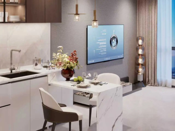 Modern open plan kitchen and dining area at Serene Boutique Residency Kilimani with marble island and city views
