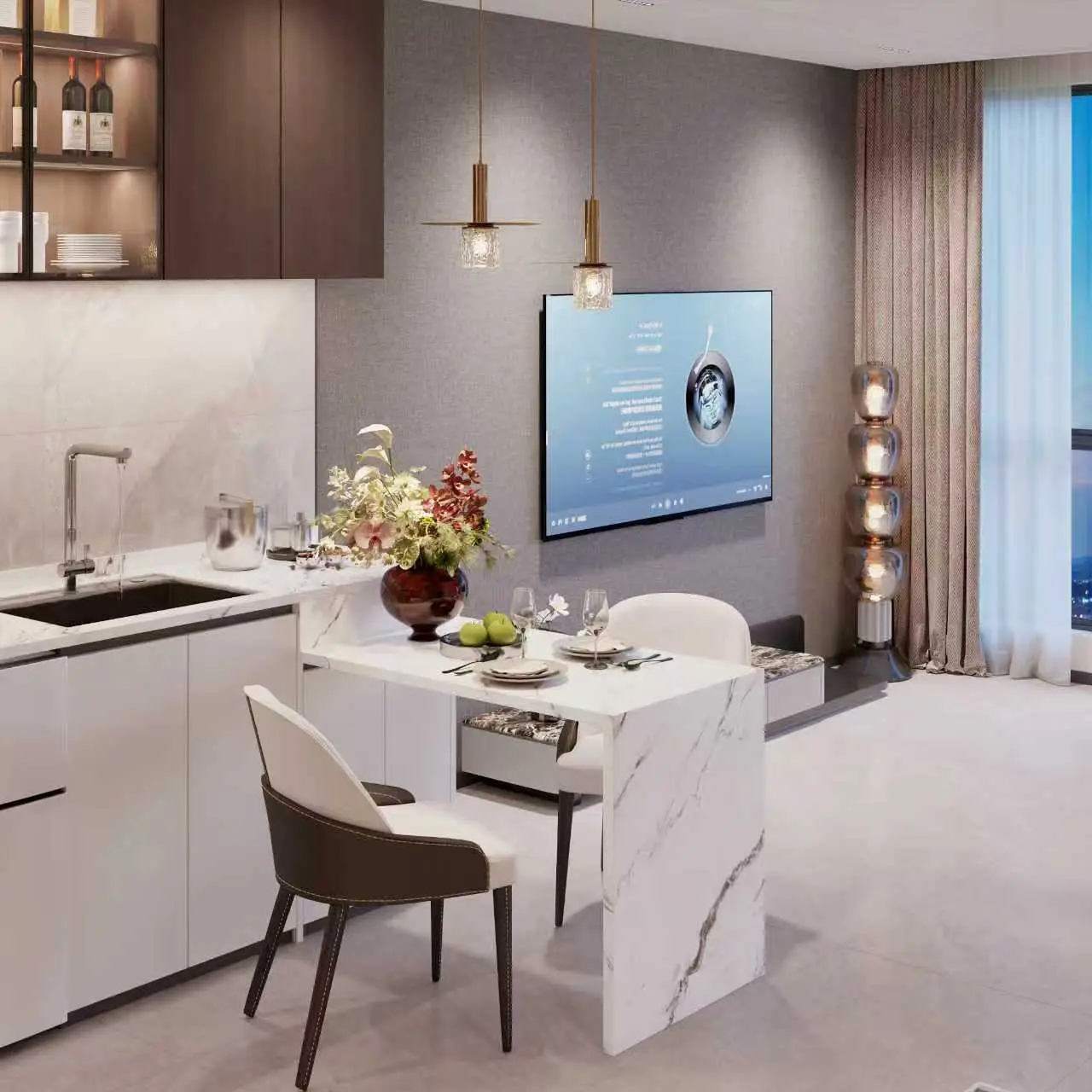 Modern open plan kitchen and dining area at Serene Boutique Residency Kilimani with marble island and city views