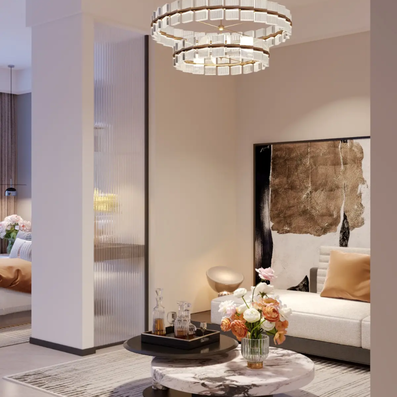 Elegant modern living room at Serene Boutique Residency Kilimani featuring designer chandelier and premium finishes
