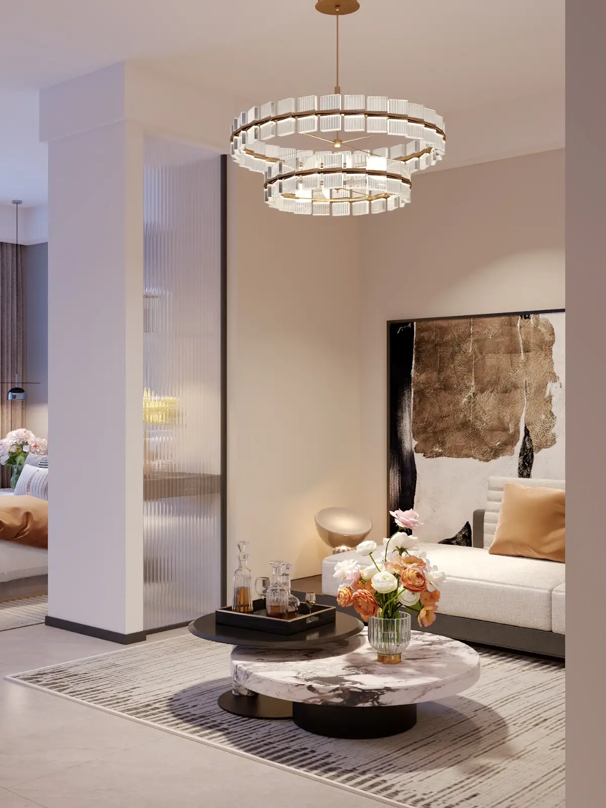 Elegant modern living room at Serene Boutique Residency Kilimani featuring designer chandelier and premium finishes