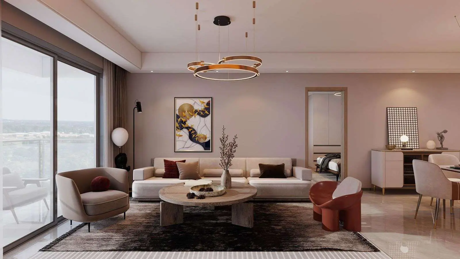 Bright Ubora Living apartment lounge with floor-to-ceiling windows