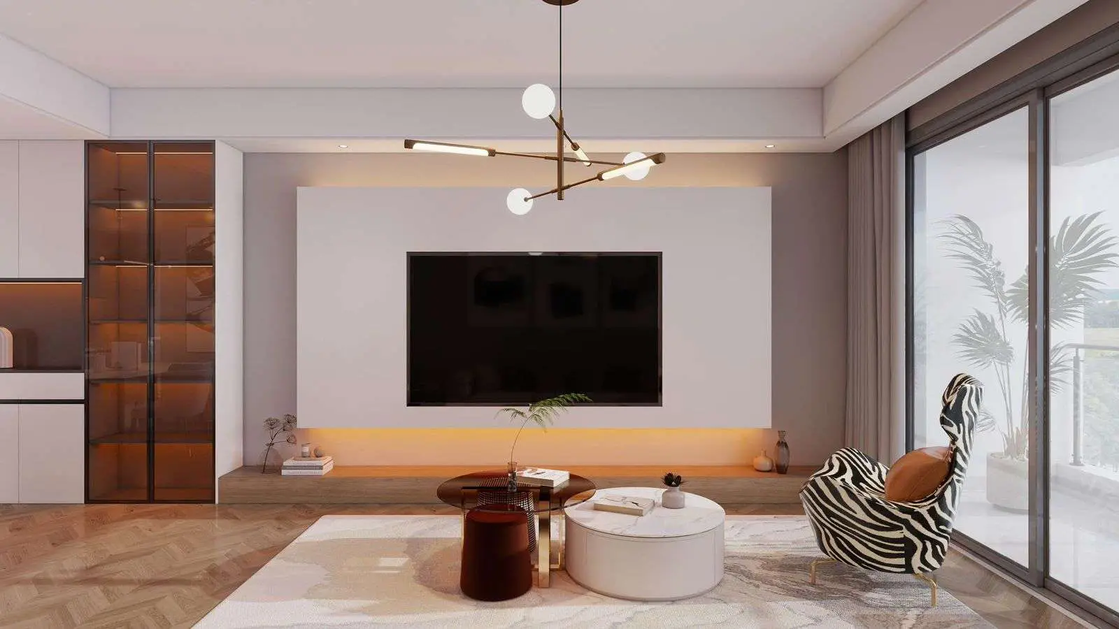 Contemporary apartment lounge with balcony doors at Ubora Living