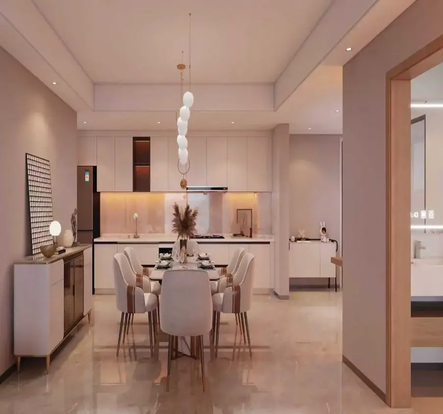 Dining area adjoining the fitted kitchen at Ubora Living apartments