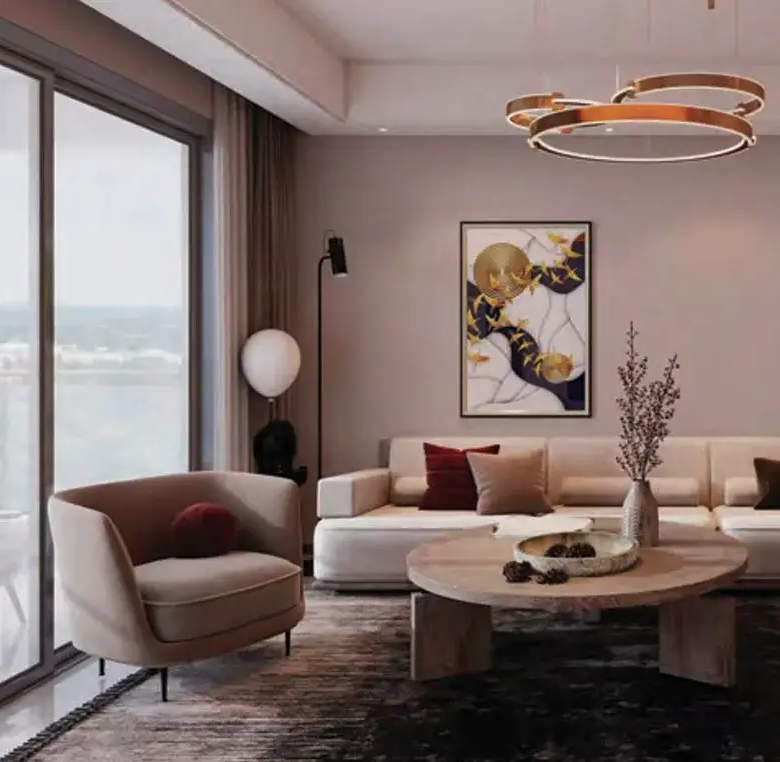 Ubora Living apartment lounge with floor-to-ceiling balcony doors