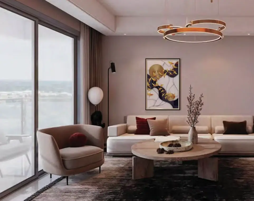 Ubora Living apartment lounge with floor-to-ceiling balcony doors