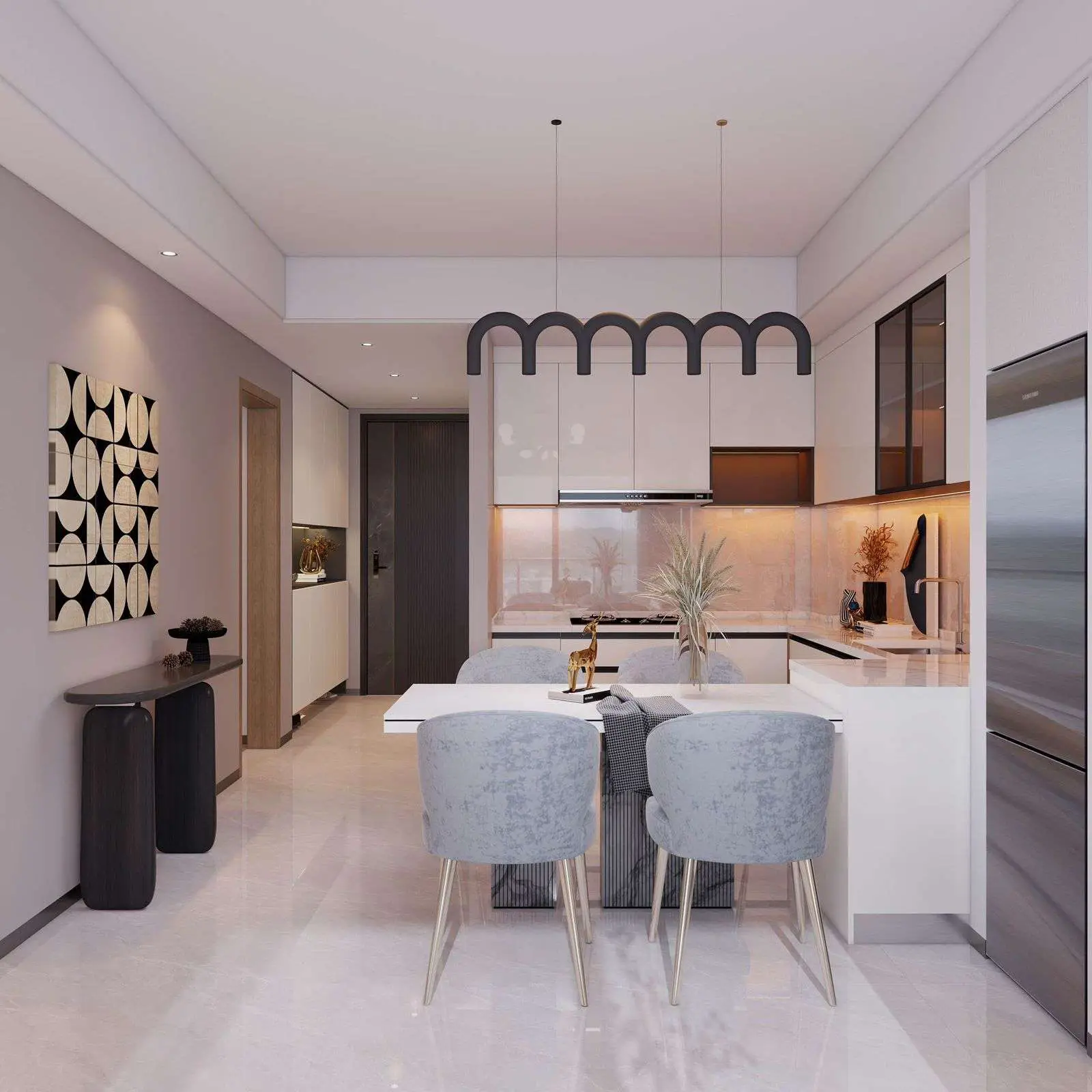 Modern fitted kitchen and breakfast counter at Ubora Living apartments
