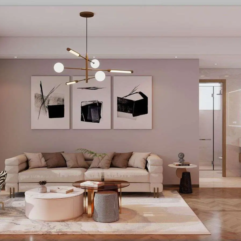Modern living room with feature lighting inside an Ubora Living apartment