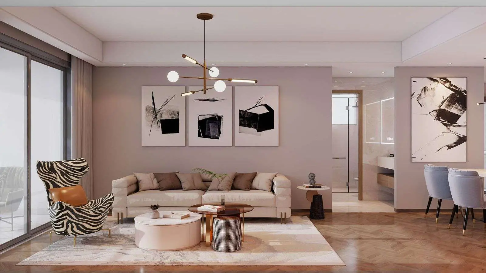 Modern living room with feature lighting inside an Ubora Living apartment