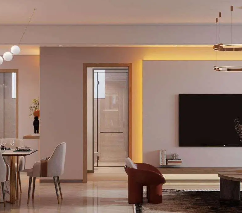 Modern open-plan living and dining area inside an Ubora Living apartment