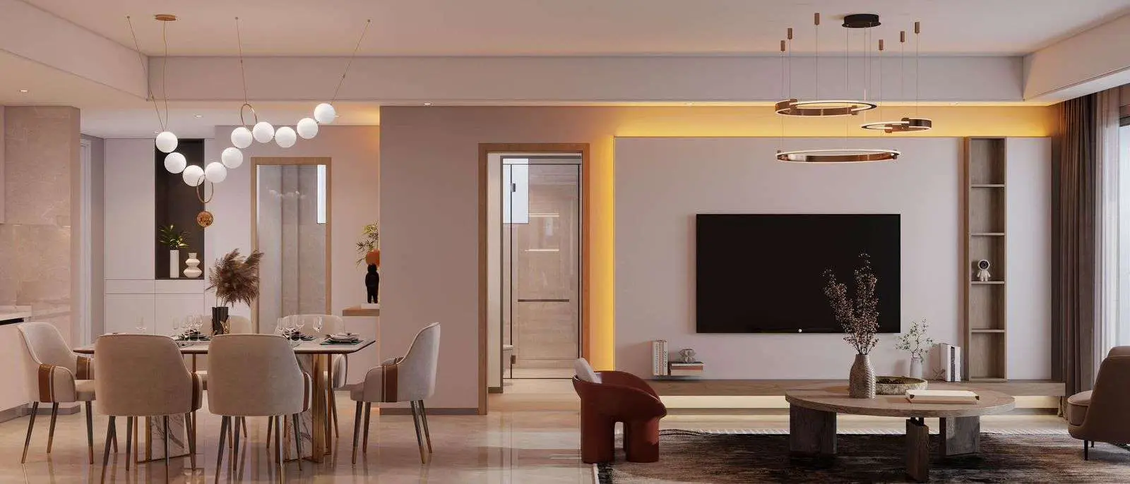 Modern open-plan living and dining area inside an Ubora Living apartment
