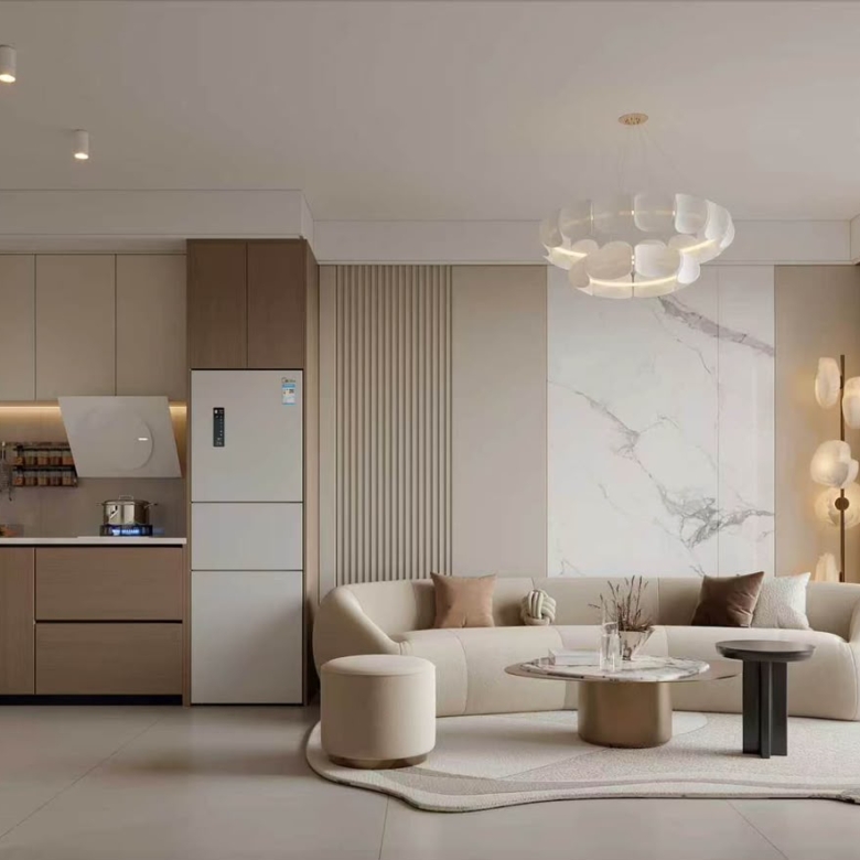 Open-plan kitchen and living room with balcony at Bahari Central Kilimani