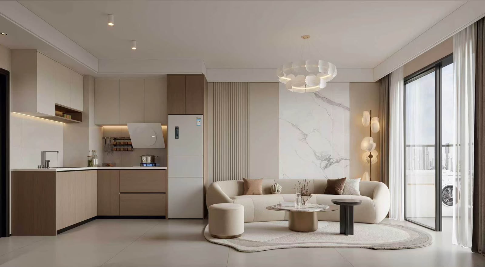 Open-plan kitchen and living room with balcony at Bahari Central Kilimani