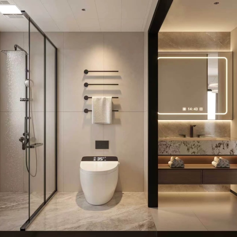 Luxury bathroom with walk-in shower and vanity at Bahari Central Kilimani
